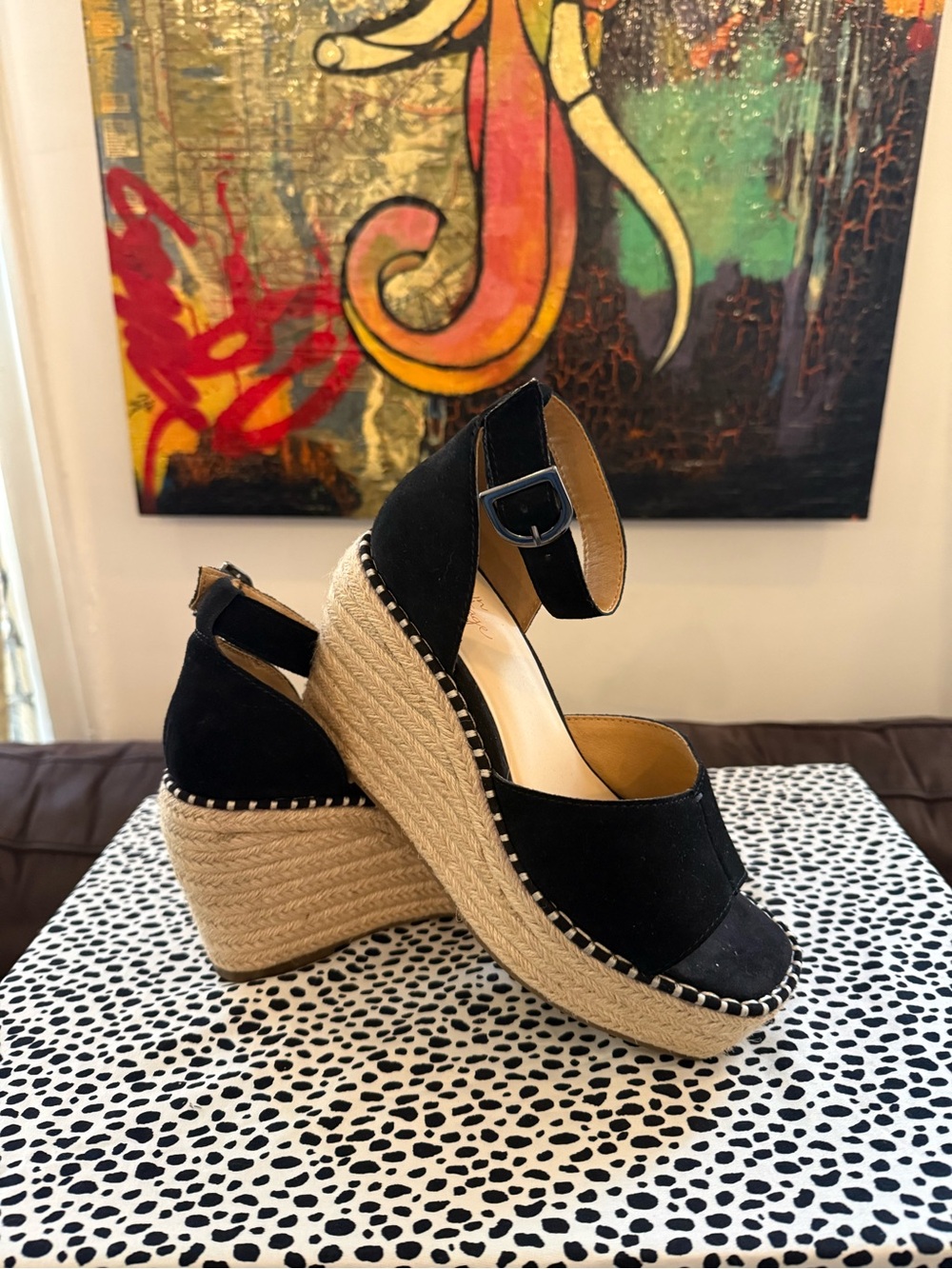 Crown Vintage Black Espadrille Wedge Sandals with Ankle Strap
